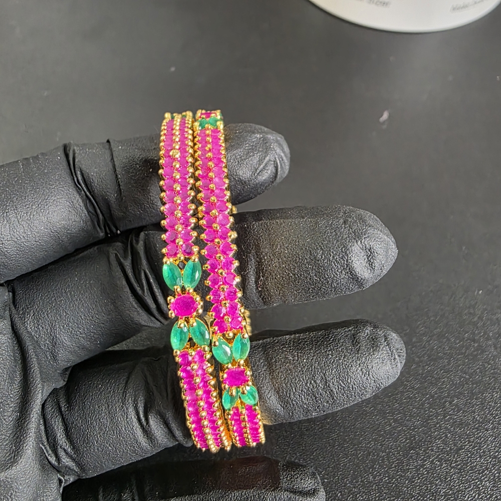 Gold Elegant Ruby and Emerald Paved Bangle Bracelet Set